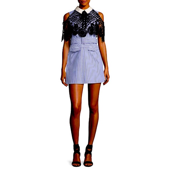 SELF-PORTRAIT Striped Shirting Sleeveless Mini Dress with Lace Cape - Picture 4 of 6